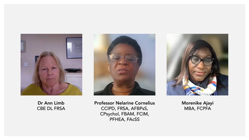 Dr Ann Limb, Prof Nelarine Cornelius and Morenike Ajayi - event speakers
